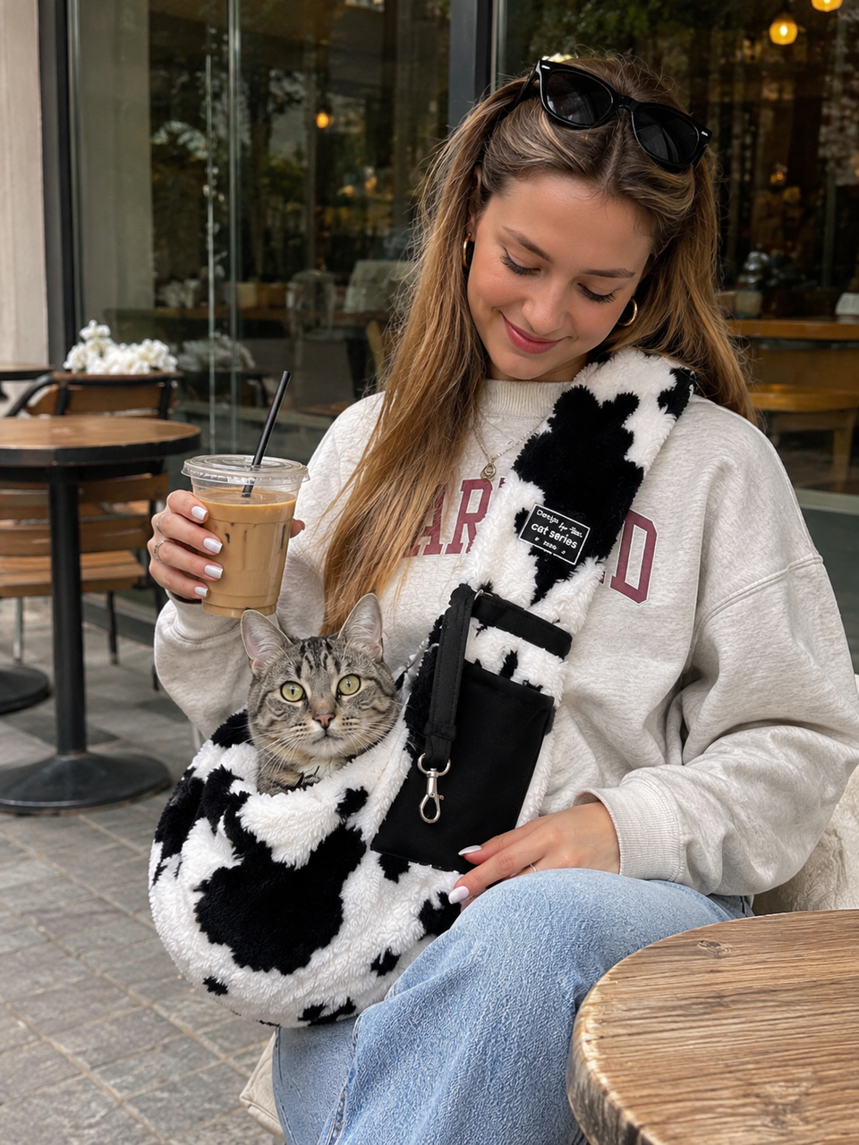 Tabby cat in a cow-print sling while its owner sits outside a cafe.