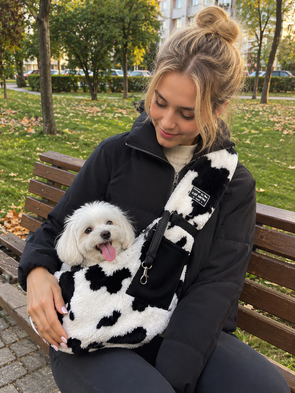 Small white dog in a cow-print sling while its owner sits on a park bench.